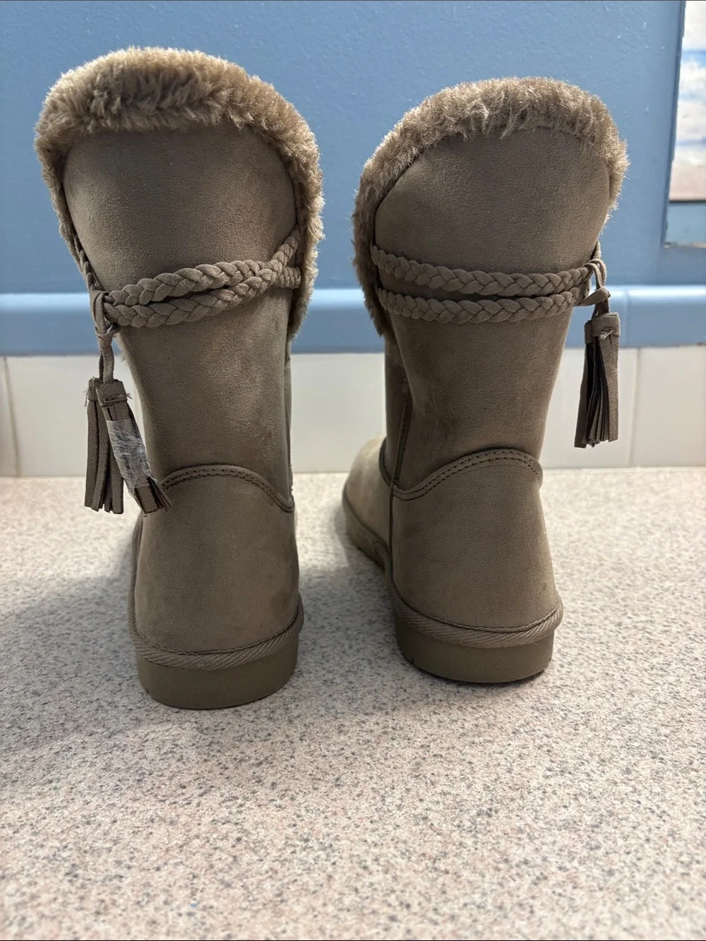 Arizona Jean Company Taupe Faux-Suede Fur-Trim Tassel Short Boots